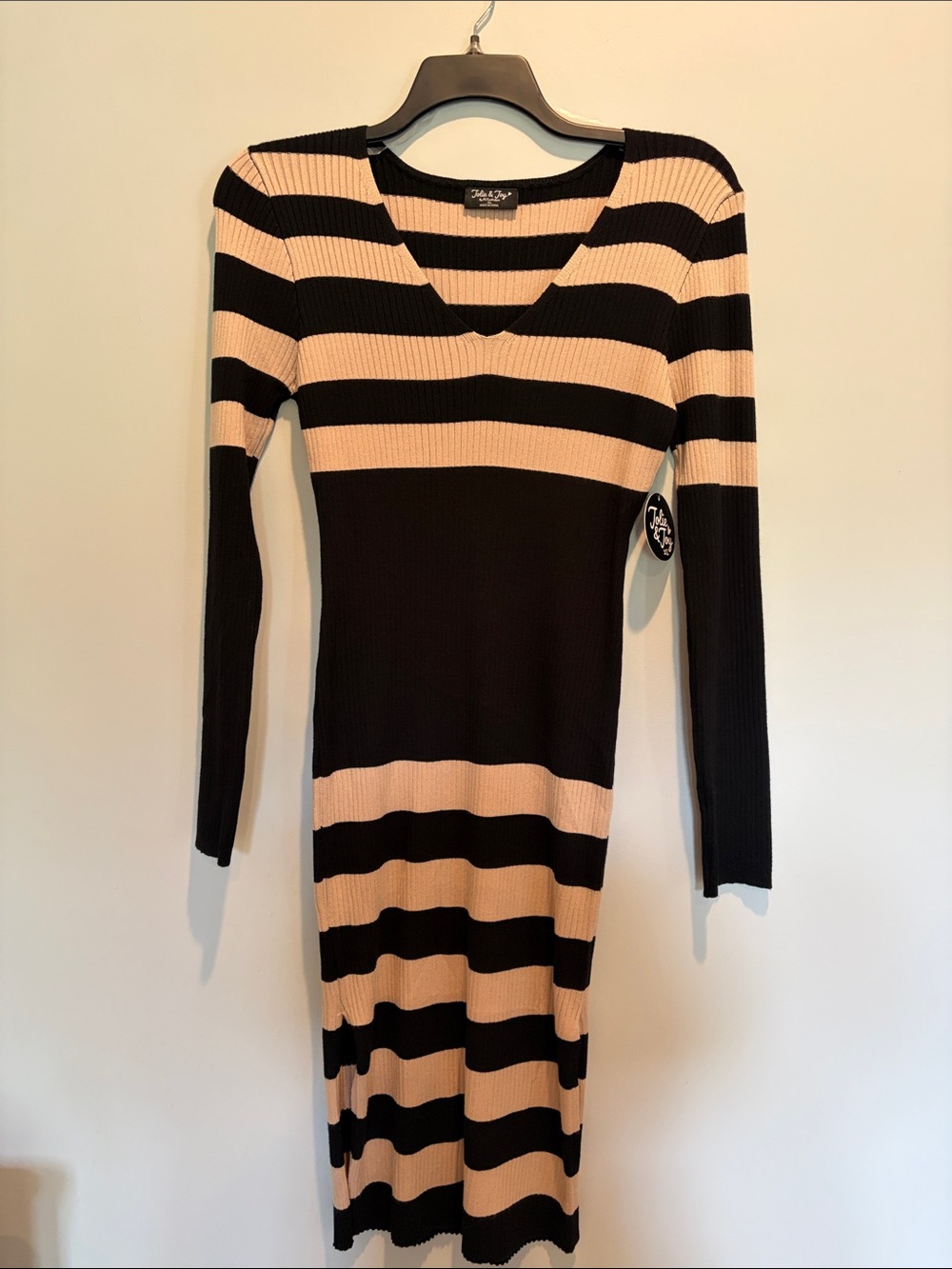 Striped Ribbed V‑Neck Long Sleeve Midi Dress in Black and Beige